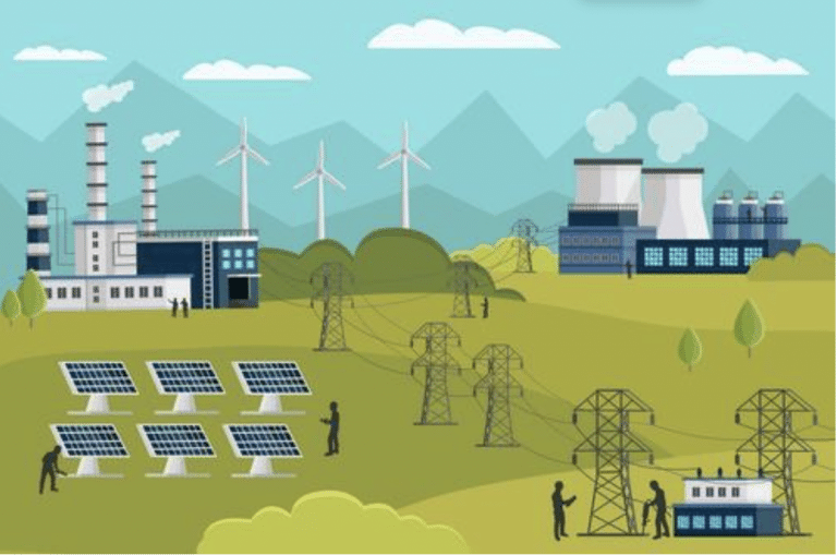 field with wind turbines, solar panels, factories